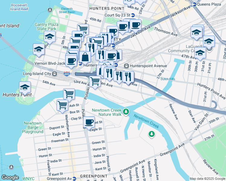 map of restaurants, bars, coffee shops, grocery stores, and more near 21-32 Borden Avenue in Queens