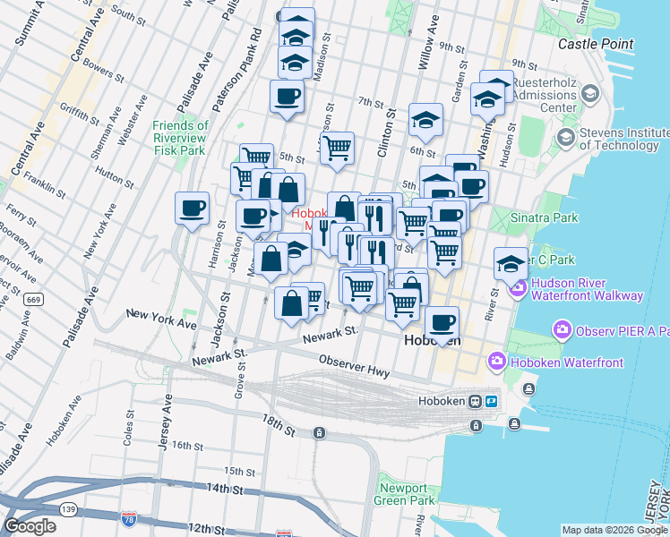 map of restaurants, bars, coffee shops, grocery stores, and more near in Hoboken