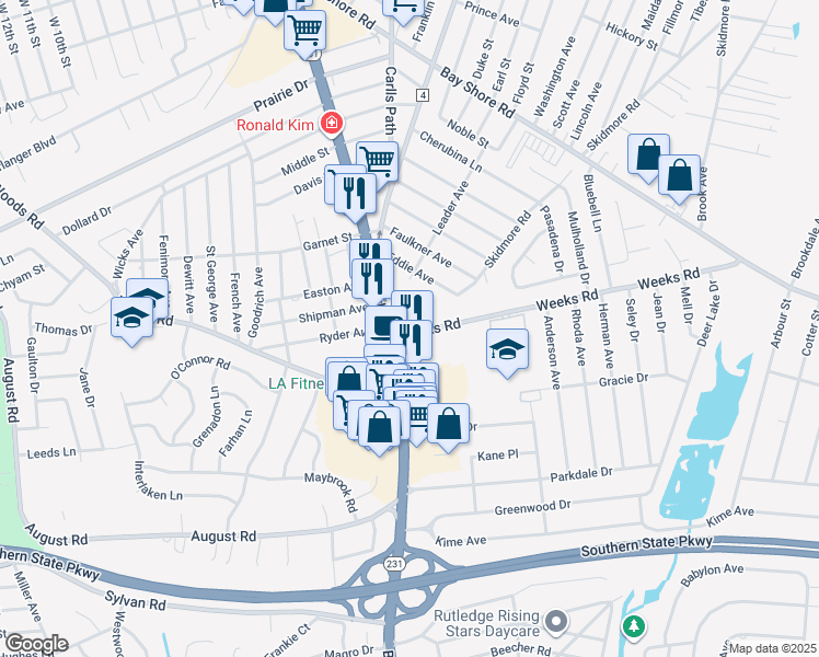 map of restaurants, bars, coffee shops, grocery stores, and more near 303A Weeks Road in North Babylon