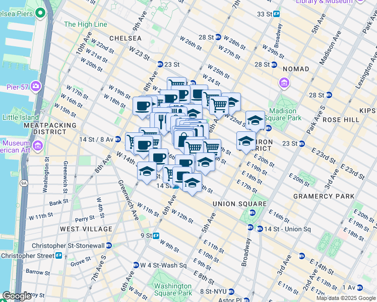 map of restaurants, bars, coffee shops, grocery stores, and more near 133 West 17th Street in New York