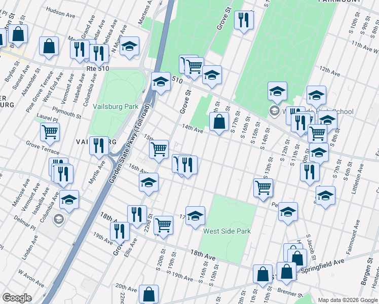 map of restaurants, bars, coffee shops, grocery stores, and more near 503 South 20th Street in Irvington
