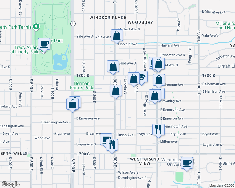 map of restaurants, bars, coffee shops, grocery stores, and more near 1381 South 900 East in Salt Lake City
