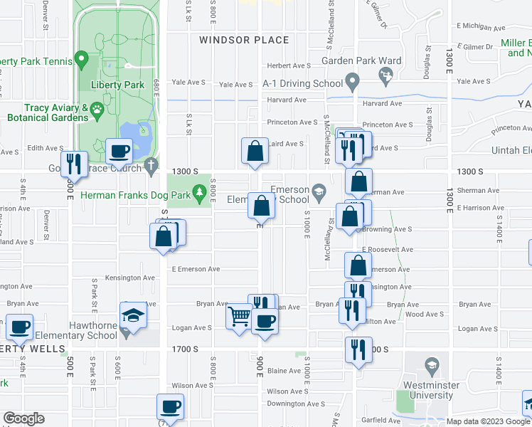 map of restaurants, bars, coffee shops, grocery stores, and more near 1381 South 900 East in Salt Lake City