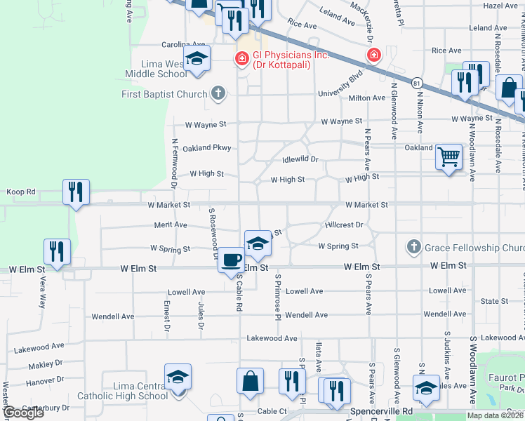 map of restaurants, bars, coffee shops, grocery stores, and more near 2097 West Market Street in Lima