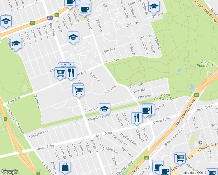map of restaurants, bars, coffee shops, grocery stores, and more near 220-17 75th Avenue in Queens