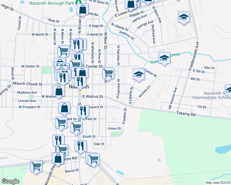 map of restaurants, bars, coffee shops, grocery stores, and more near 110 South Fairview Street in Nazareth