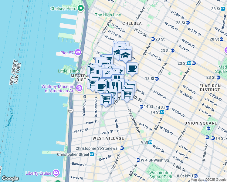 map of restaurants, bars, coffee shops, grocery stores, and more near 321 West 13th Street in New York