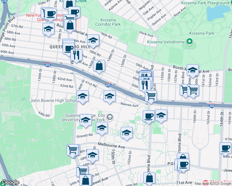 map of restaurants, bars, coffee shops, grocery stores, and more near 150-03 61st Road in Queens