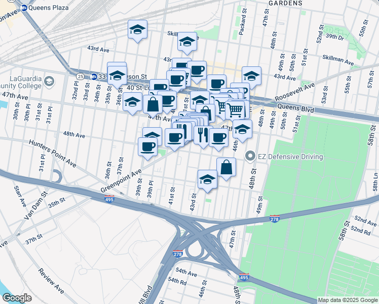 map of restaurants, bars, coffee shops, grocery stores, and more near 42-05 48th Avenue in Queens