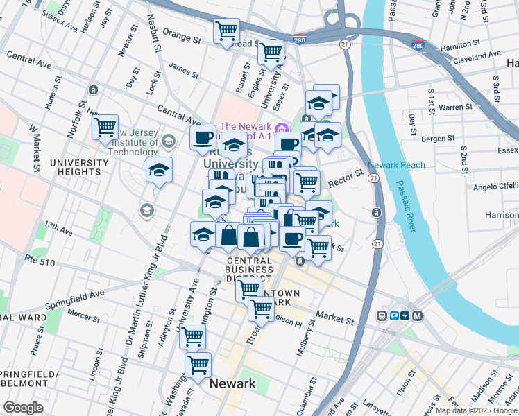 map of restaurants, bars, coffee shops, grocery stores, and more near in Newark