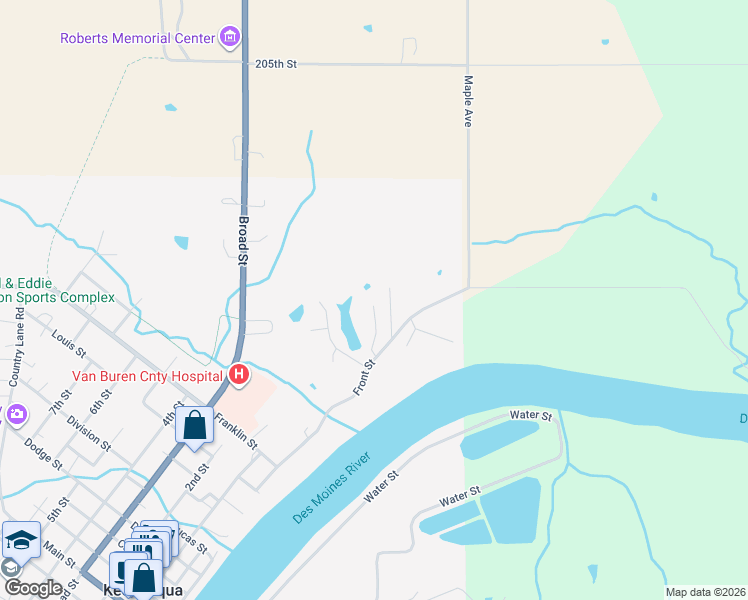 map of restaurants, bars, coffee shops, grocery stores, and more near 199 Timber Ridge Road in Keosauqua