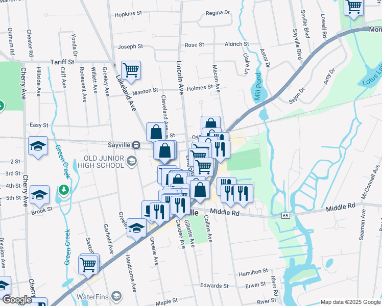 map of restaurants, bars, coffee shops, grocery stores, and more near 62 Hiddink Street in Sayville