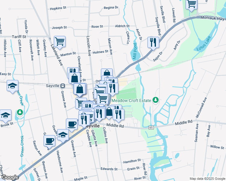 map of restaurants, bars, coffee shops, grocery stores, and more near 236 North Main Street in Sayville