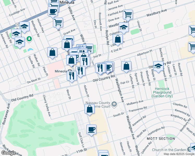 map of restaurants, bars, coffee shops, grocery stores, and more near 33 Willis Avenue in Mineola