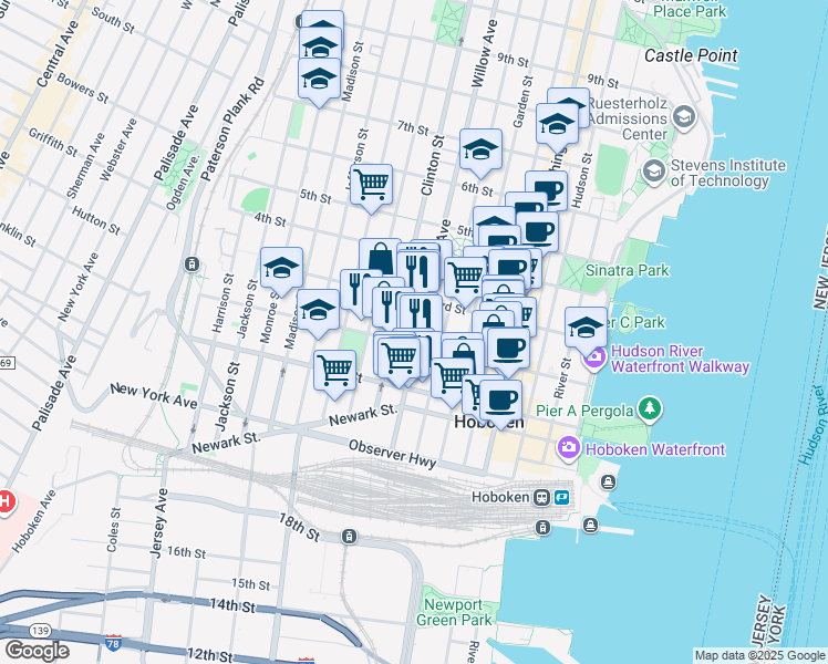 map of restaurants, bars, coffee shops, grocery stores, and more near 309 2nd Street in Hoboken
