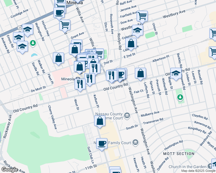 map of restaurants, bars, coffee shops, grocery stores, and more near 140 Old Country Road in Mineola