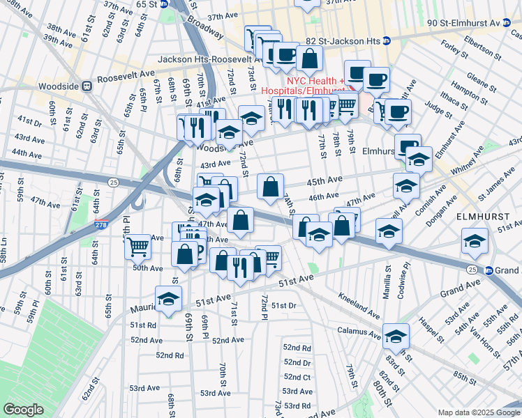 map of restaurants, bars, coffee shops, grocery stores, and more near 72-01 Queens Boulevard in Queens