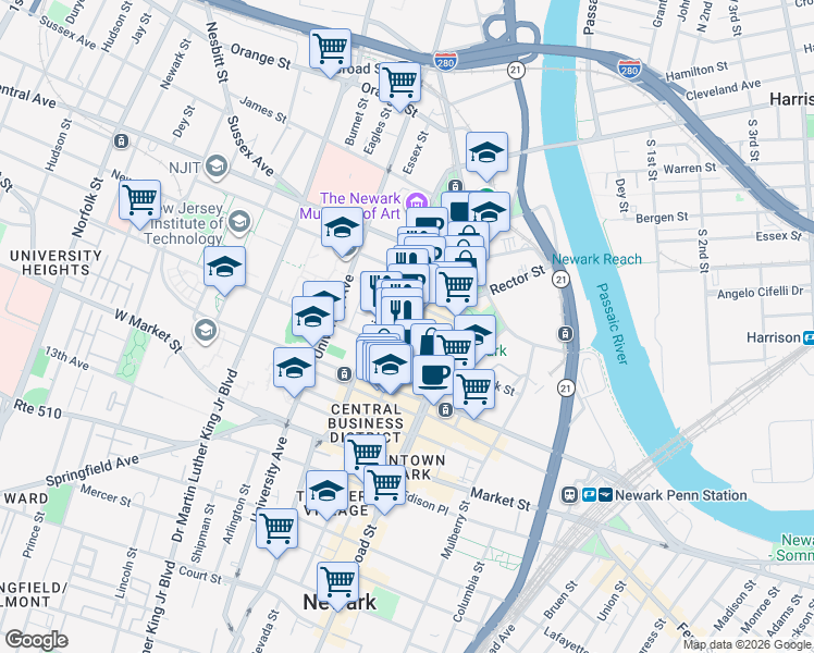 map of restaurants, bars, coffee shops, grocery stores, and more near 71 Halsey Street in Newark
