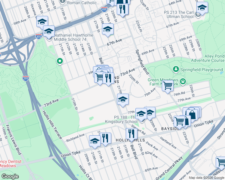 map of restaurants, bars, coffee shops, grocery stores, and more near 73-24 Bell Boulevard in Queens