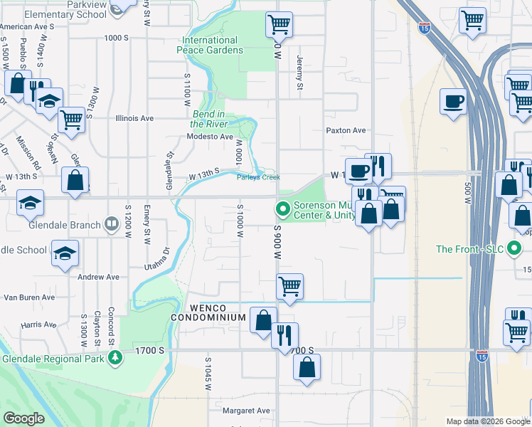 map of restaurants, bars, coffee shops, grocery stores, and more near 1380 South 900 West in Salt Lake City