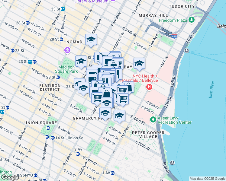 map of restaurants, bars, coffee shops, grocery stores, and more near East 25th Street in New York