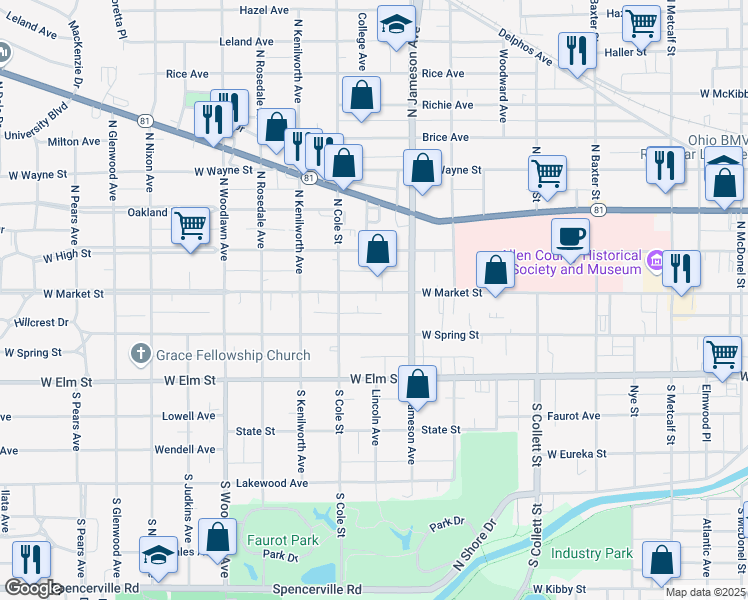 map of restaurants, bars, coffee shops, grocery stores, and more near 1041 West Market Street in Lima