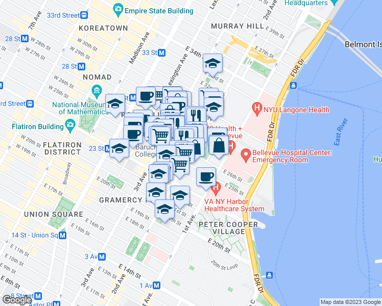map of restaurants, bars, coffee shops, grocery stores, and more near 2nd Ave & E 26th St in New York