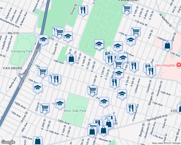 map of restaurants, bars, coffee shops, grocery stores, and more near 286 14th Avenue in Newark