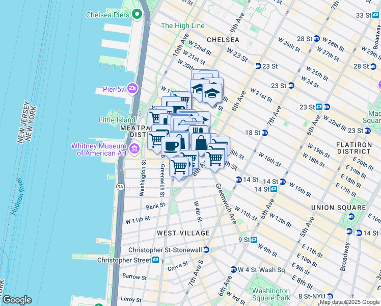 map of restaurants, bars, coffee shops, grocery stores, and more near 2 Gansevoort Street in New York