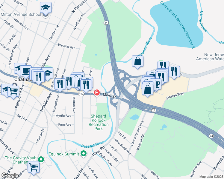 map of restaurants, bars, coffee shops, grocery stores, and more near John F Kennedy Pkwy in Millburn