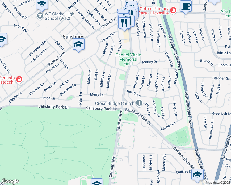 map of restaurants, bars, coffee shops, grocery stores, and more near 41 Mellow Lane in Westbury