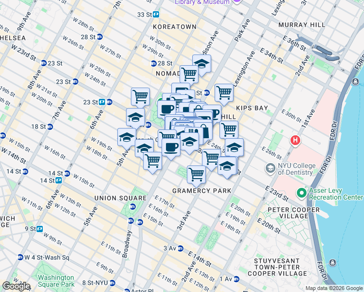 map of restaurants, bars, coffee shops, grocery stores, and more near 104 East 23rd Street in New York