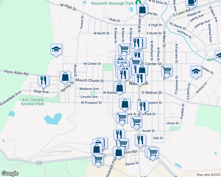 map of restaurants, bars, coffee shops, grocery stores, and more near 124 South Green Street in Nazareth