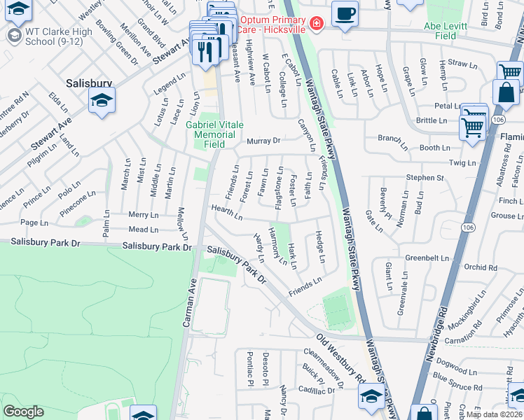 map of restaurants, bars, coffee shops, grocery stores, and more near 46 Fawn Ln in Westbury