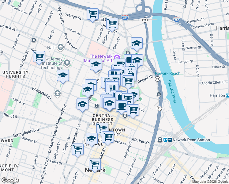 map of restaurants, bars, coffee shops, grocery stores, and more near 71 Halsey Street in Newark