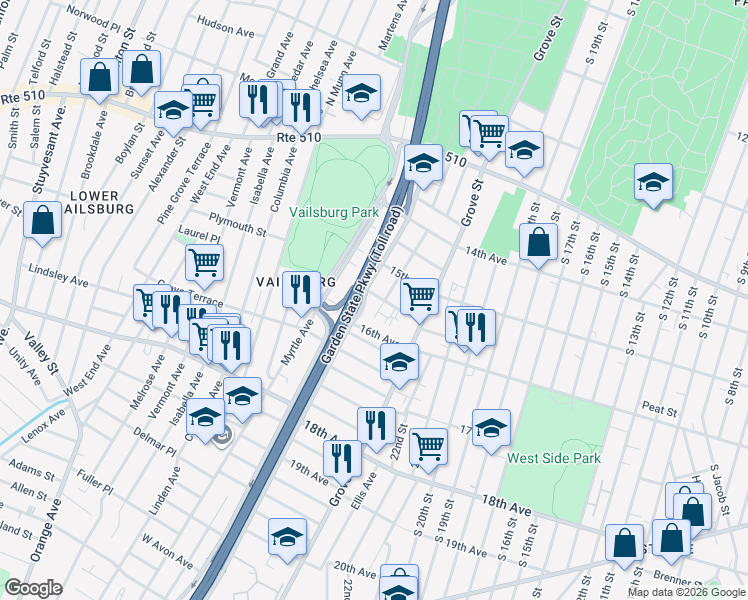 map of restaurants, bars, coffee shops, grocery stores, and more near 126 Eastern Parkway in Irvington