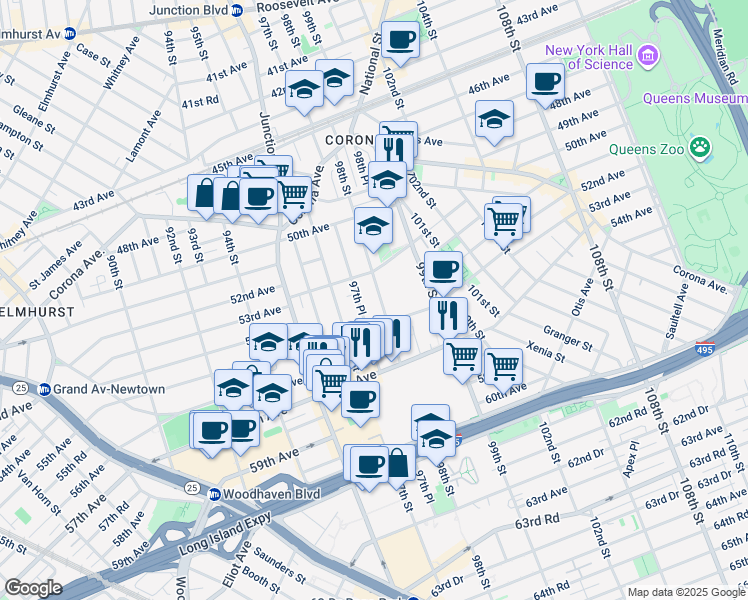 map of restaurants, bars, coffee shops, grocery stores, and more near 53-24 98th Street in Queens