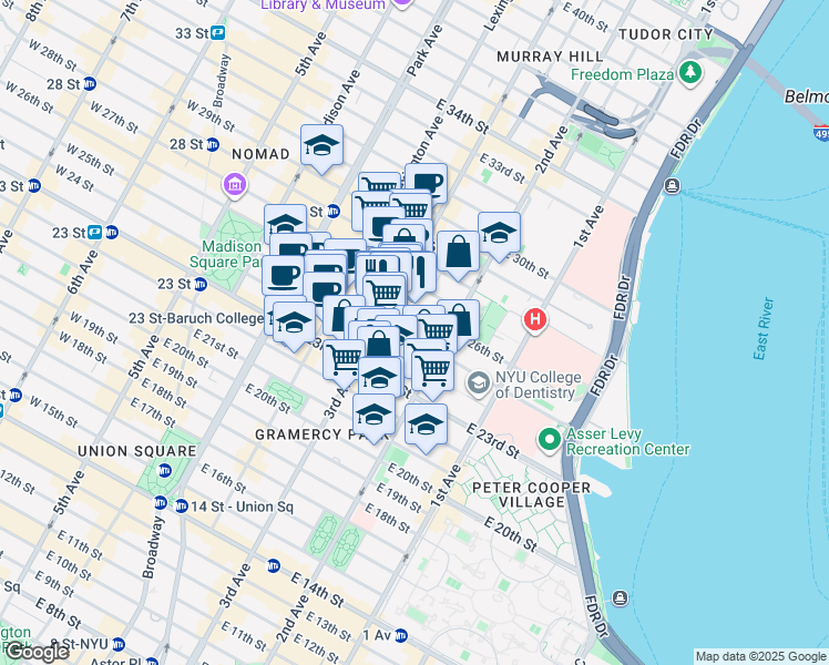 map of restaurants, bars, coffee shops, grocery stores, and more near 209-211 East 25th Street in New York