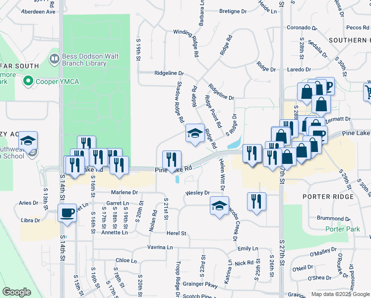 map of restaurants, bars, coffee shops, grocery stores, and more near 2200 Pine Lake Road in Lincoln