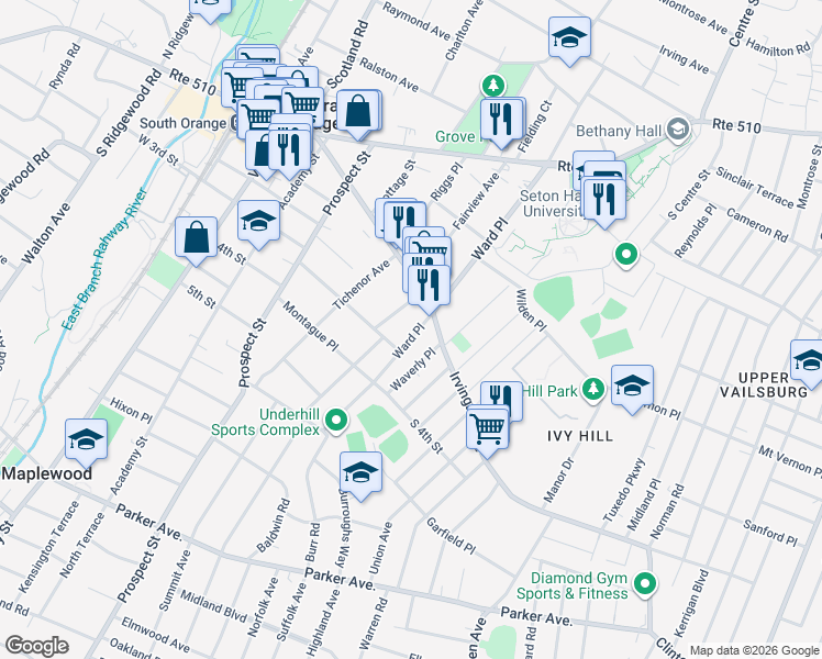 map of restaurants, bars, coffee shops, grocery stores, and more near 400 Irvington Avenue in South Orange