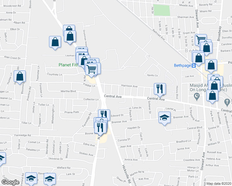 map of restaurants, bars, coffee shops, grocery stores, and more near 550 Central Avenue in Bethpage