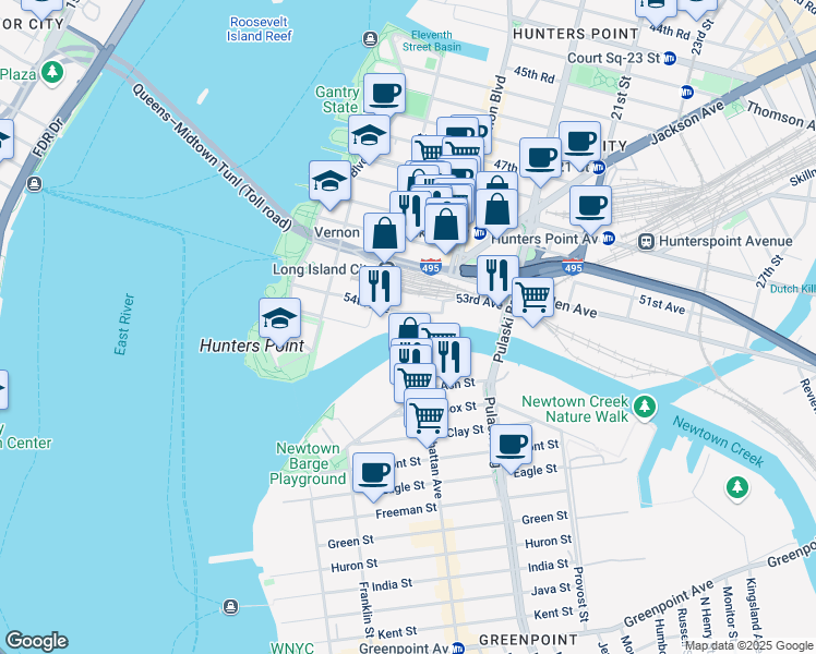 map of restaurants, bars, coffee shops, grocery stores, and more near 5-40 54th Avenue in Queens