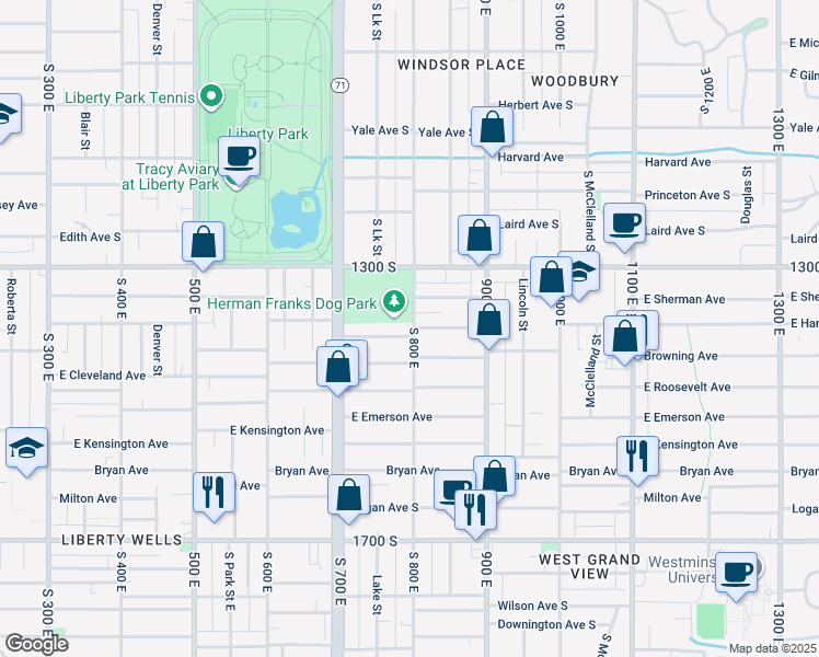 map of restaurants, bars, coffee shops, grocery stores, and more near 787 Harrison Avenue in Salt Lake City