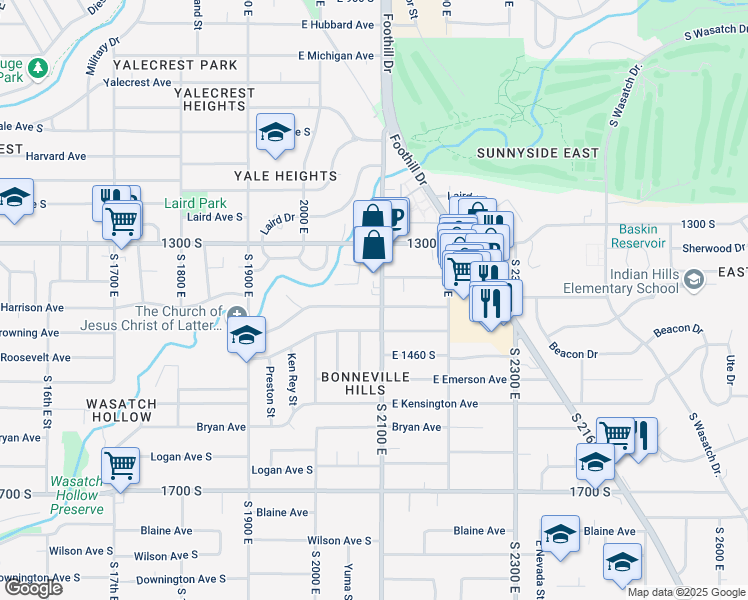 map of restaurants, bars, coffee shops, grocery stores, and more near 1370 South 2100 East in Salt Lake City