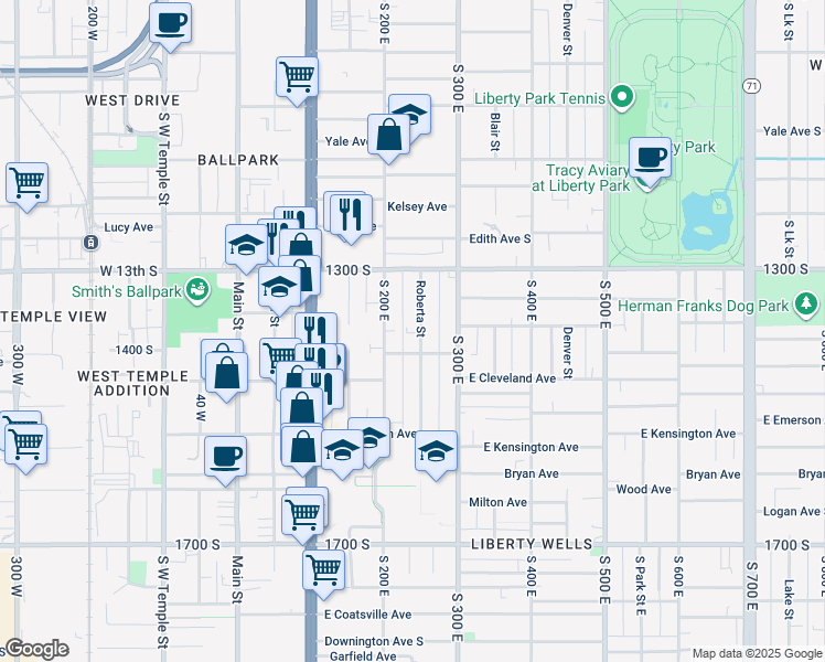 map of restaurants, bars, coffee shops, grocery stores, and more near 1369 South 200 East in Salt Lake City