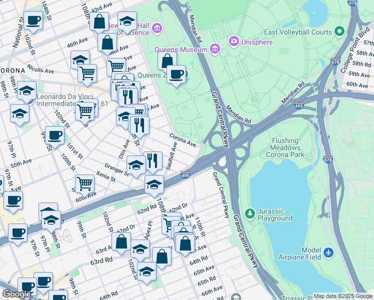 map of restaurants, bars, coffee shops, grocery stores, and more near 58-09 Van Cleef Street in Queens