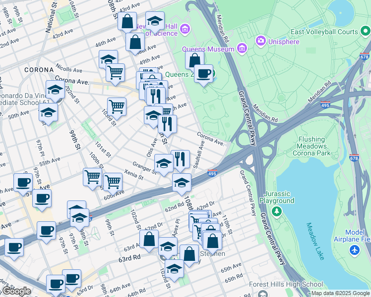 map of restaurants, bars, coffee shops, grocery stores, and more near 56-52 Van Cleef Street in Queens