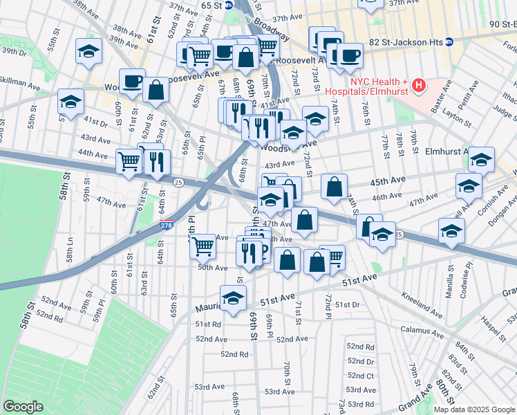 map of restaurants, bars, coffee shops, grocery stores, and more near in Queens