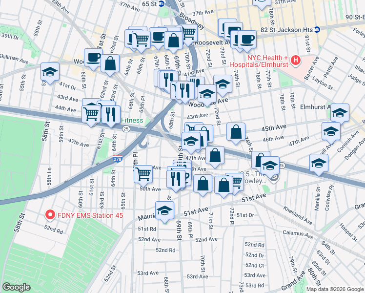 map of restaurants, bars, coffee shops, grocery stores, and more near in Queens
