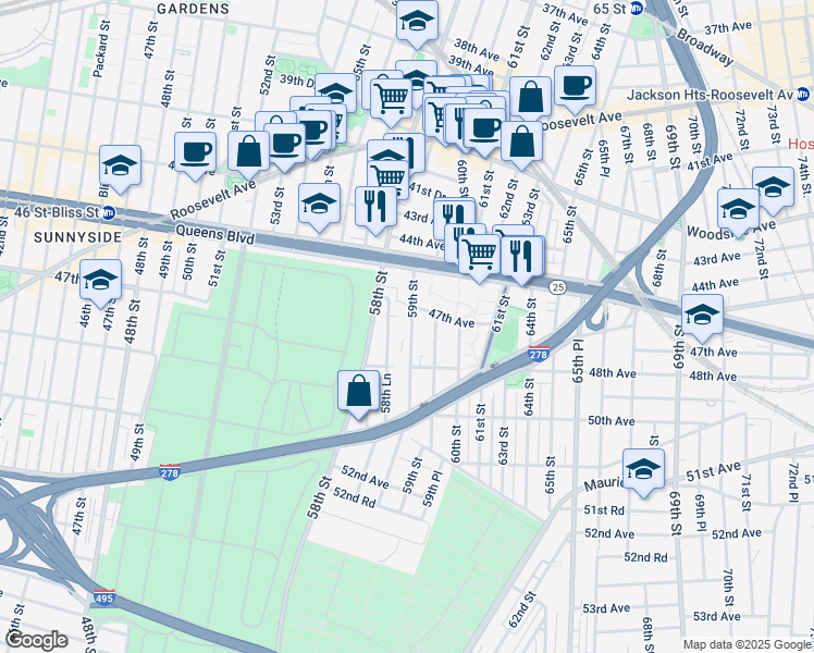 map of restaurants, bars, coffee shops, grocery stores, and more near 47-10 59th Street in Queens